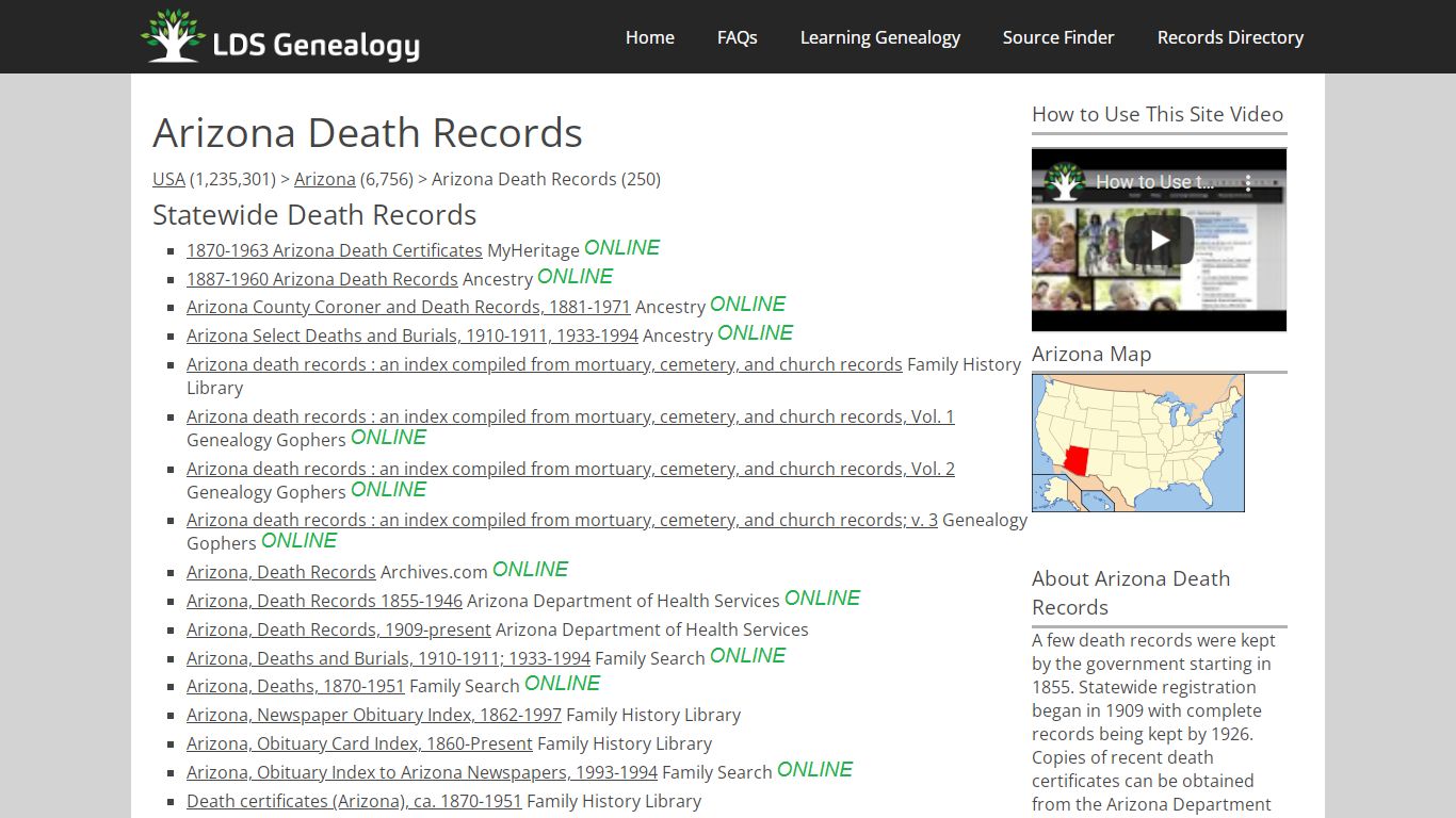 Arizona Death Records - LDS Genealogy